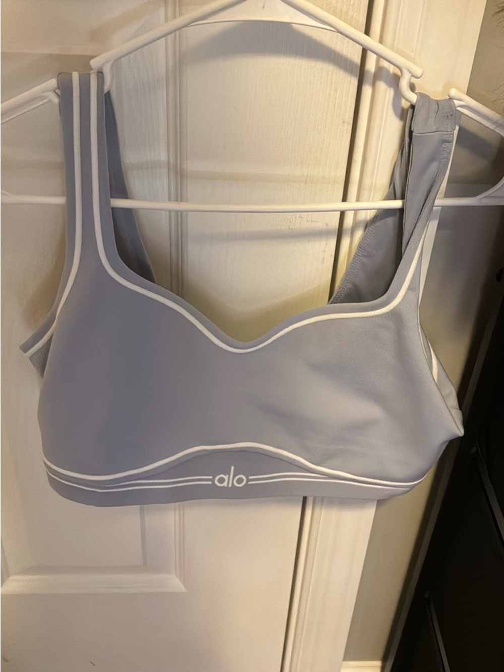 ALO Yoga Pale Blue Sports Bra with White Piping